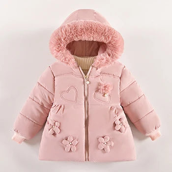 Flowers Autumn Winter Girls Jacket Fur Collar Keep Warm Little Princess Coat Hooded Zipper Baby Outerwear 2-4 Years Kids Clothes