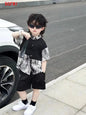 Boys New Chinese Style Short Sleeved Set Summer Thin Chiffon 2025 Kid Standing Collar Ink Painting Shirt+ Black Shorts 2pcs Set