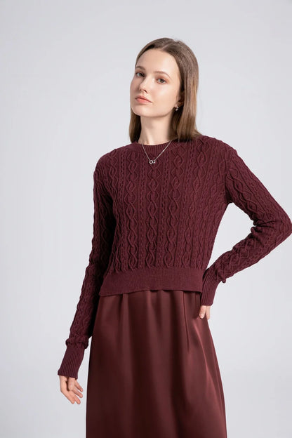 Winter set design woman clothing Cable knitted Tops + Satin Dress