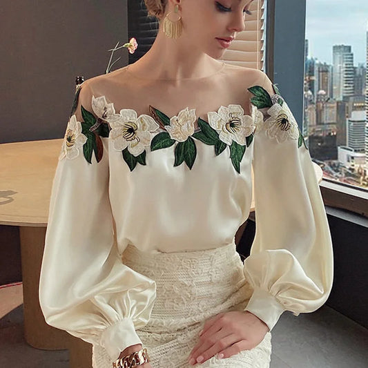 Elegant Mesh Patchwork Satin Blouse Elegant Embroidered Shirt O-neck Tops New Spring Long Lantern Sleeve