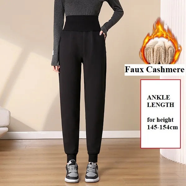 Women Pants Warm Winter Thick Lambskin Cashmere Pants High Waist Black Harem Long Trousers Wool Cold Resistant