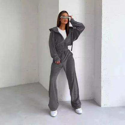 Autumn Women Zip Fly Hooded Top & High Waist Drawstring Pants Set Female Two Pieces Suit Sets Casual