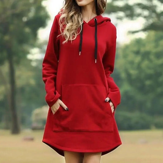 Winter Solid Color Dress Cozy Plus Size Hooded Mini Dress with Drawstring Patch Pockets for Fall Winter Loose Fit Solid Color