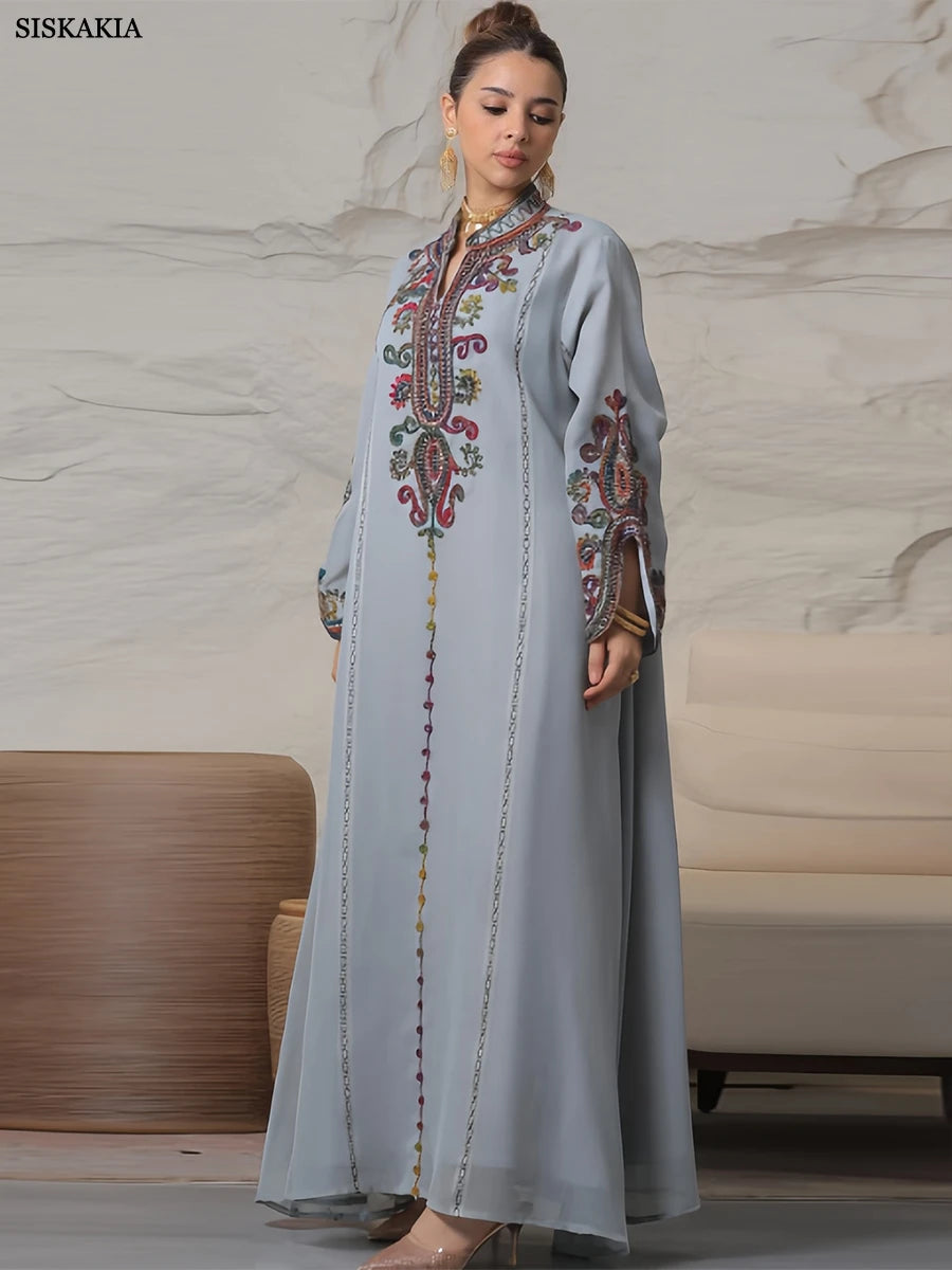 Siskakia Embroideried Luxurious Women's Evening Dress With Long Sleeves V-Neck Fashion Elegant Abayas With Belt Marocain Femme