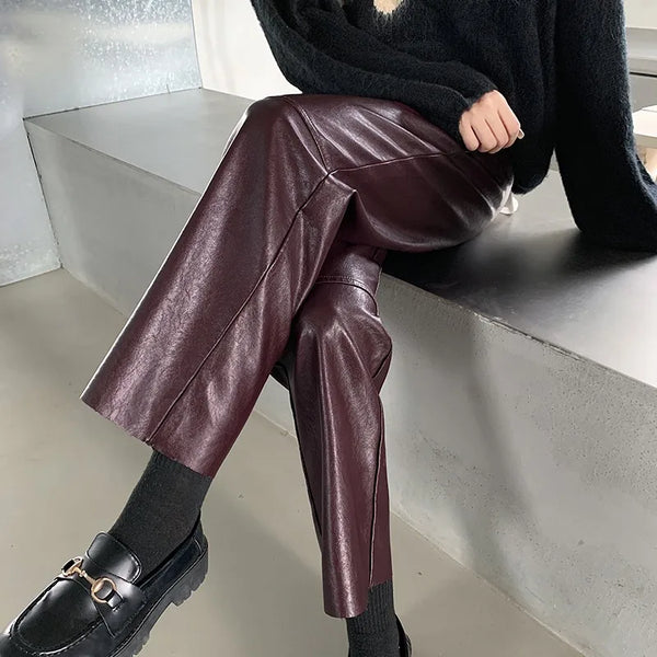 Autumn Winter Women's Leather Trousers High Waist Loose black Brown Straight Leg Pants Classic pu Faux Leather Pants for Women