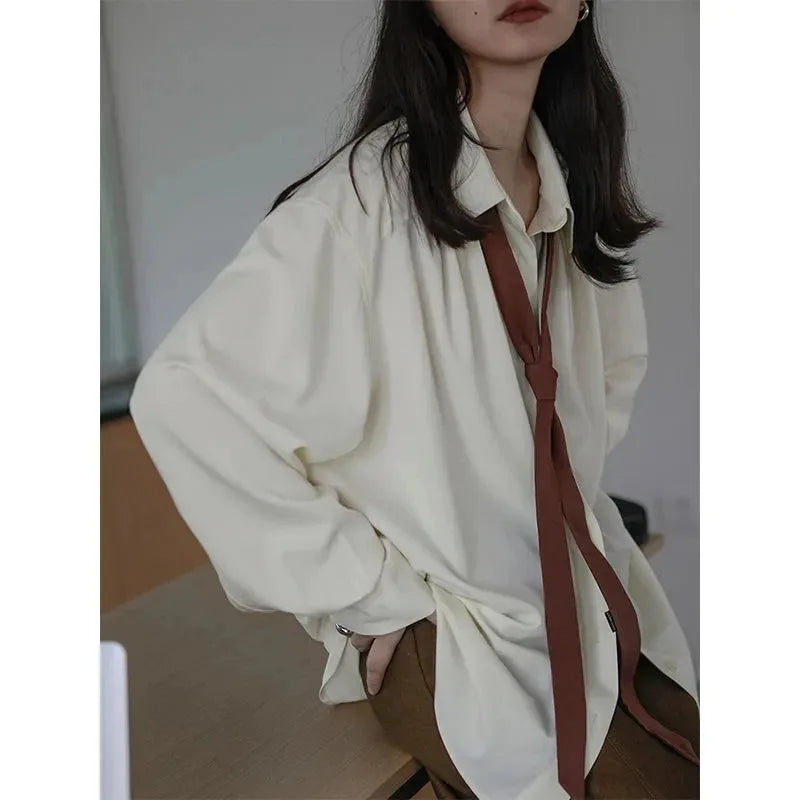 Autumn Minimalist Long Sleeve Button Up Shirt Women Korean Style Solid Tie Oversize Shirts Blouse Loose Clothes Autumn Tops