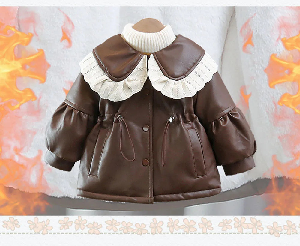 PU Leather Winter Coat For Girls Faux Fur Thick Warm Cotton Clothes Trend Fashion Little Girl's Parka Jacket Winter Clothes Kids