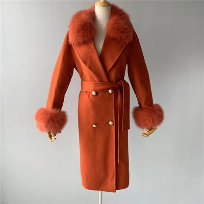 Women's Cashmere Wool Coat Spring Real Fox Fur Collar Woolen Trench Jacket Winter Adjustable Waist Slim Ladies Long Overcoat