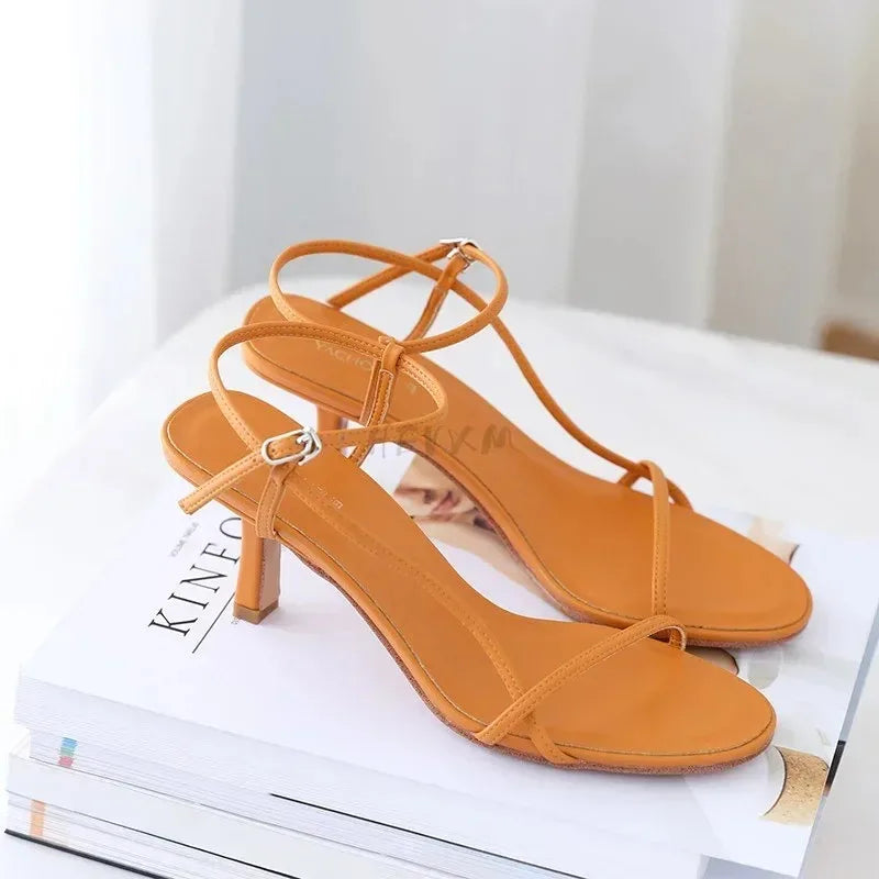 2025 Summer Low Sandals Woman Leather Suit Female Beige Women’s Shoes High Heels Low-heeled Black Comfort New Stiletto Girls Fas