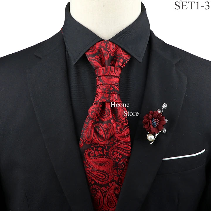 New Men's Premium Paisley Tie Brooch Set Red Black Blue Ajustable Neck Tie Luxury Classic Suit Tuxedo Groom Wedding Accessories