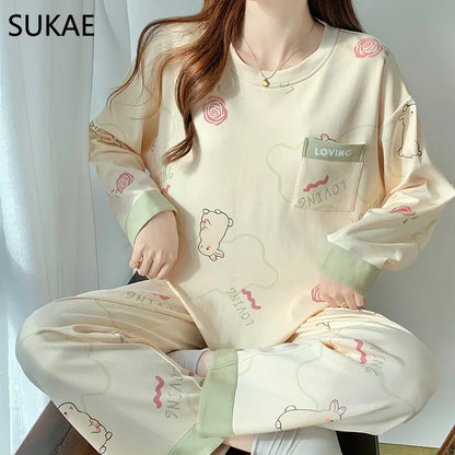 SUKAE Pink Puppy Printing Women Sleepwear Korean New Pajamas Set O-neck Long Sleeve Pijamas Autumn Spring Faux Cotton Nightwear