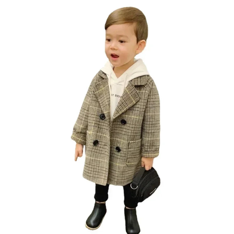 Winter Grid Jackets Boys Girl Woolen Double-breasted Baby Boy Trench Coat Lapel Autumn Kids Outerwear Coats Wool Overcoat