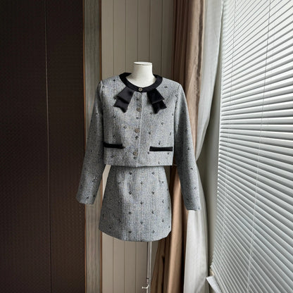 Luxury Women Autumn Winter Wool Tweed 2 Piece Set Sweet Top Coat+ Casual Party Mini Skirts Sets