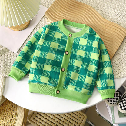 Baby Boys Girls Thicken Knitted Cardigan New 2025 Autumn Winter Kids Cartoon Plaid Warm Knitwear Sweater Coat Casual Clothing