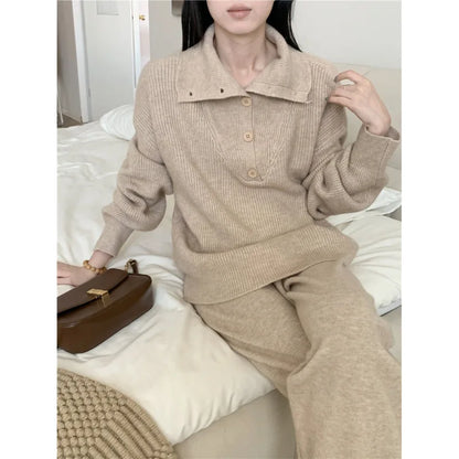 Women Elegant Cashmere Pants Suit for Autumn Winter New Fashion Lapel Sweater Suit Knitwear Casual Pants Female Two-piece Sets