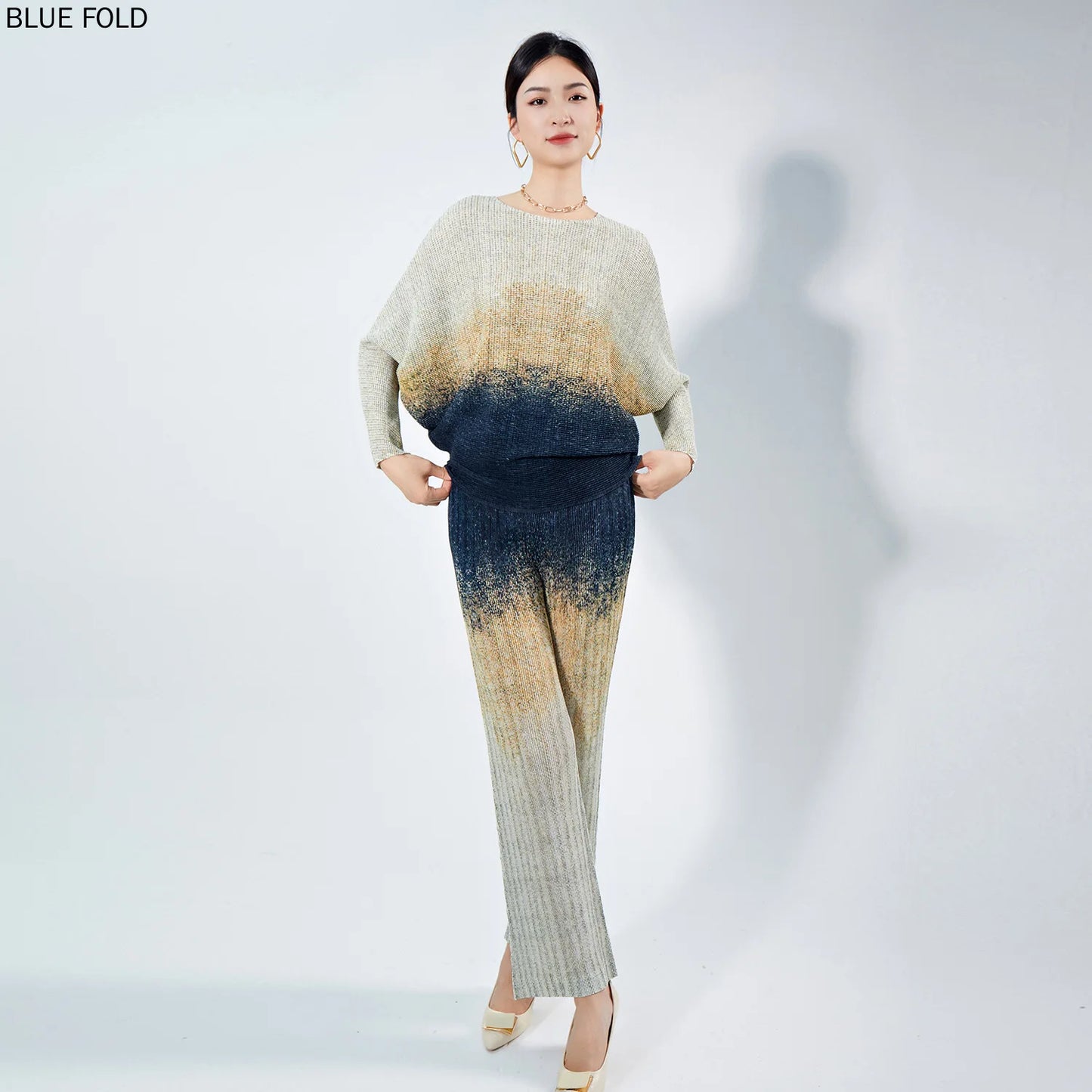 MIYAKE-Women's Printed Round Neck Long-Sleeved Top and Straight-Leg Pants, Pleated Tshirt Sets, High-End Fashion Suit