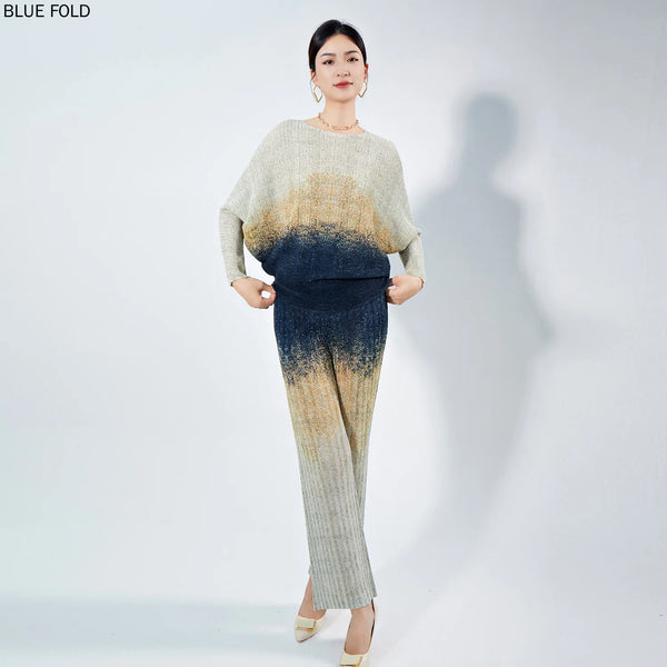 MIYAKE-Women's Printed Round Neck Long-Sleeved Top and Straight-Leg Pants, Pleated Tshirt Sets, High-End Fashion Suit