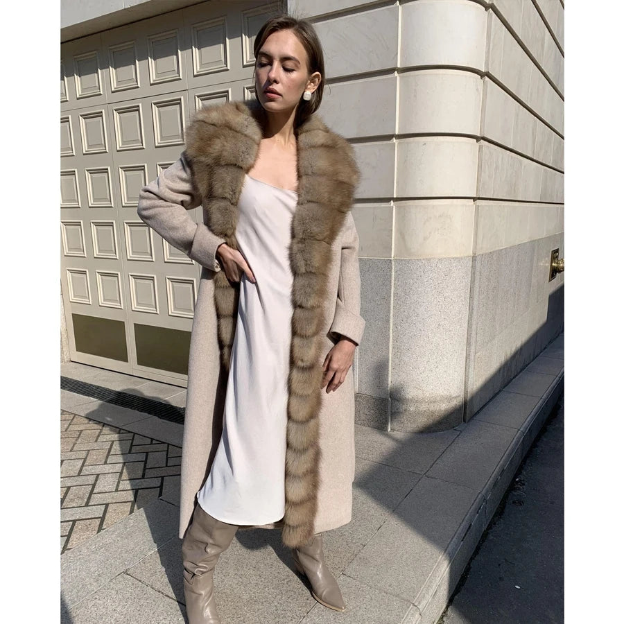 Real Fox Fur Coat New Cashmere Coat Women Luxury Winter Wool Blends Long Jacket Natural Fox Fur Collar