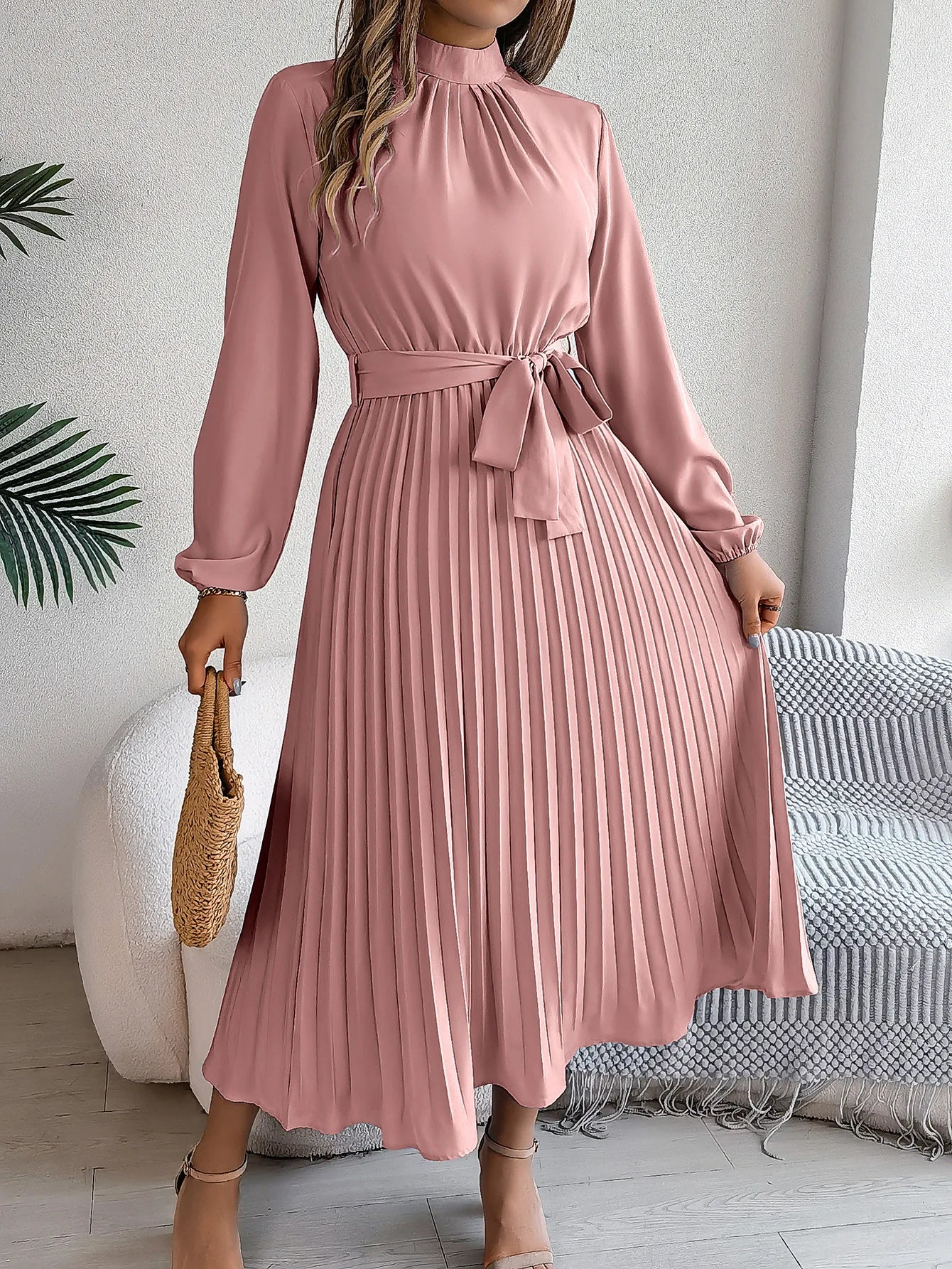 Autumn and winter elegant stand up collar long sleeved waist cinched pleated long skirt small dress women's solid color dress