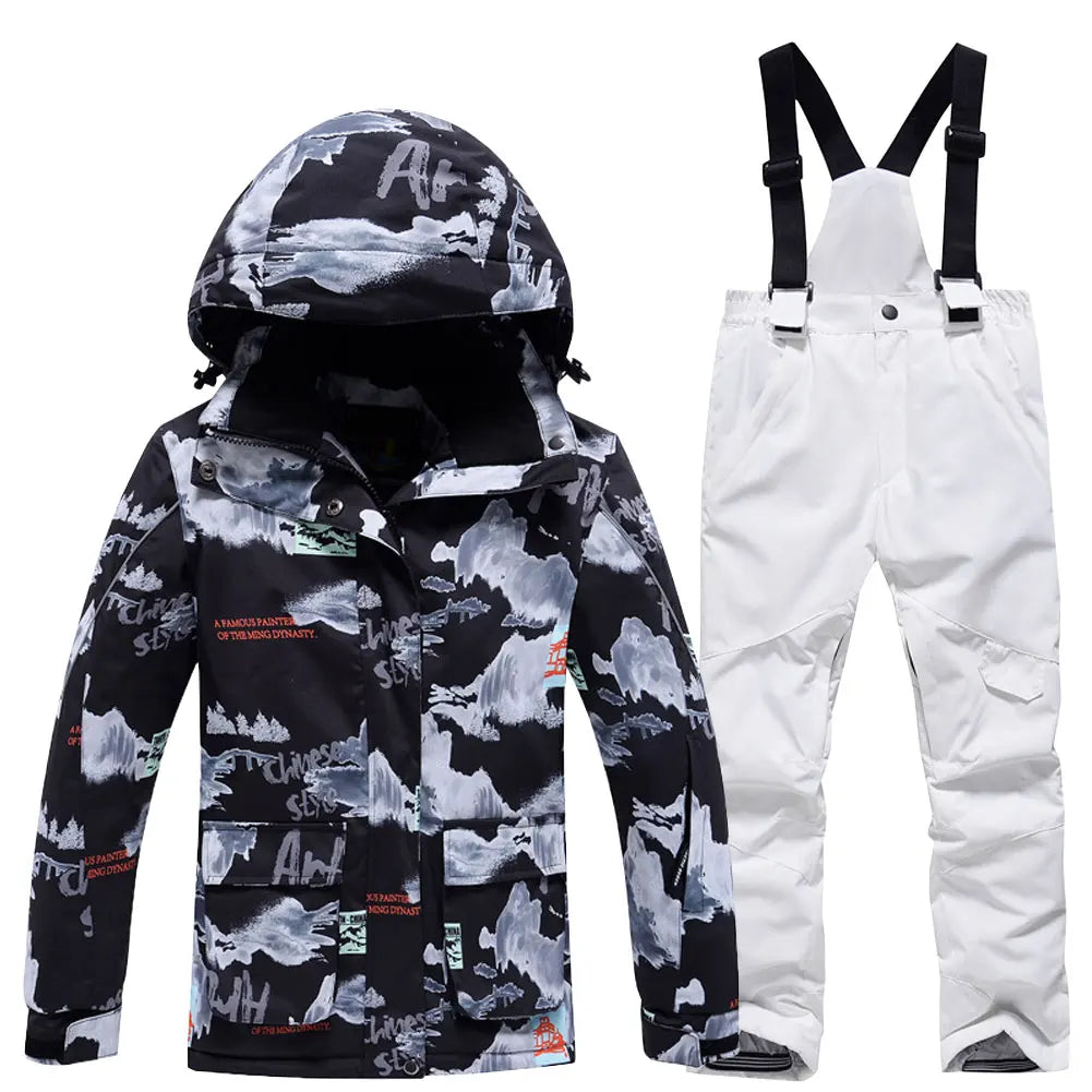 Fashion Printed Skiing Jacket + Bib Pants Snowsuits 2-Piece Boys Girls Hooded Winter Warm Windproof Snowboarding Wear