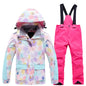 Fashion Printed Skiing Jacket + Bib Pants Snowsuits 2-Piece Boys Girls Hooded Winter Warm Windproof Snowboarding Wear