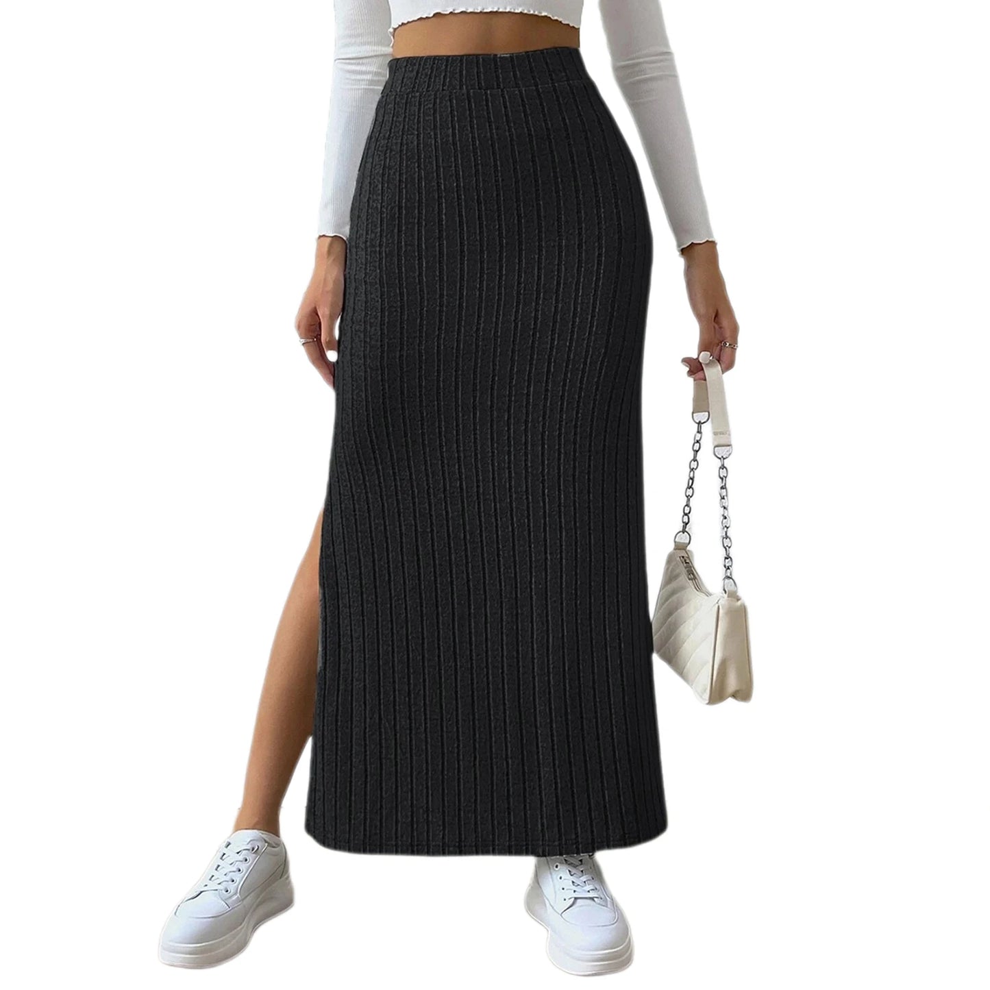 Solid Color Long Skirt Striped High Waist Knitted Maxi Skirt for Women Warm Slim Fit Ankle Length Sheath Skirt with Split Hem