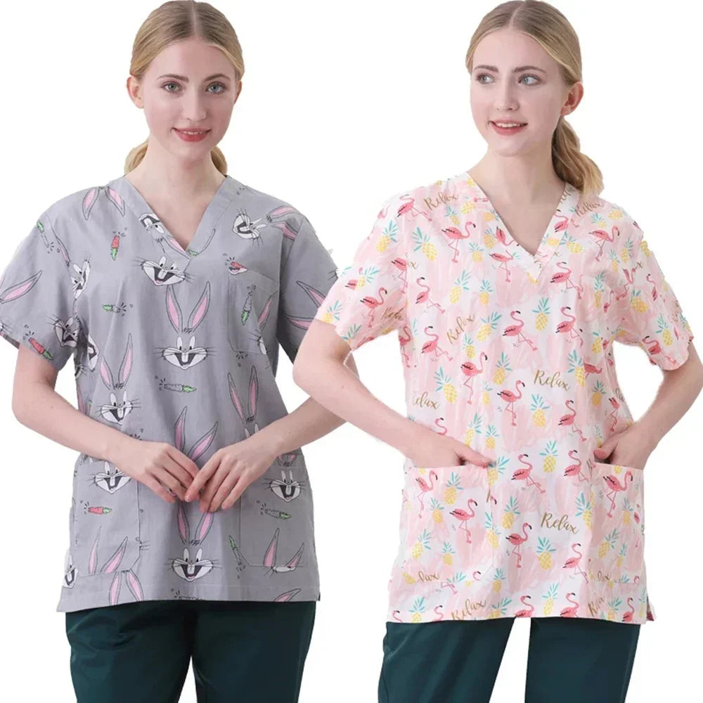 Cartoon Print Women Scrubs Uniform Surgical Top Hospital Doctor Surgery Workwear Dental Clinic Costume Pet Grooming Work Clothes