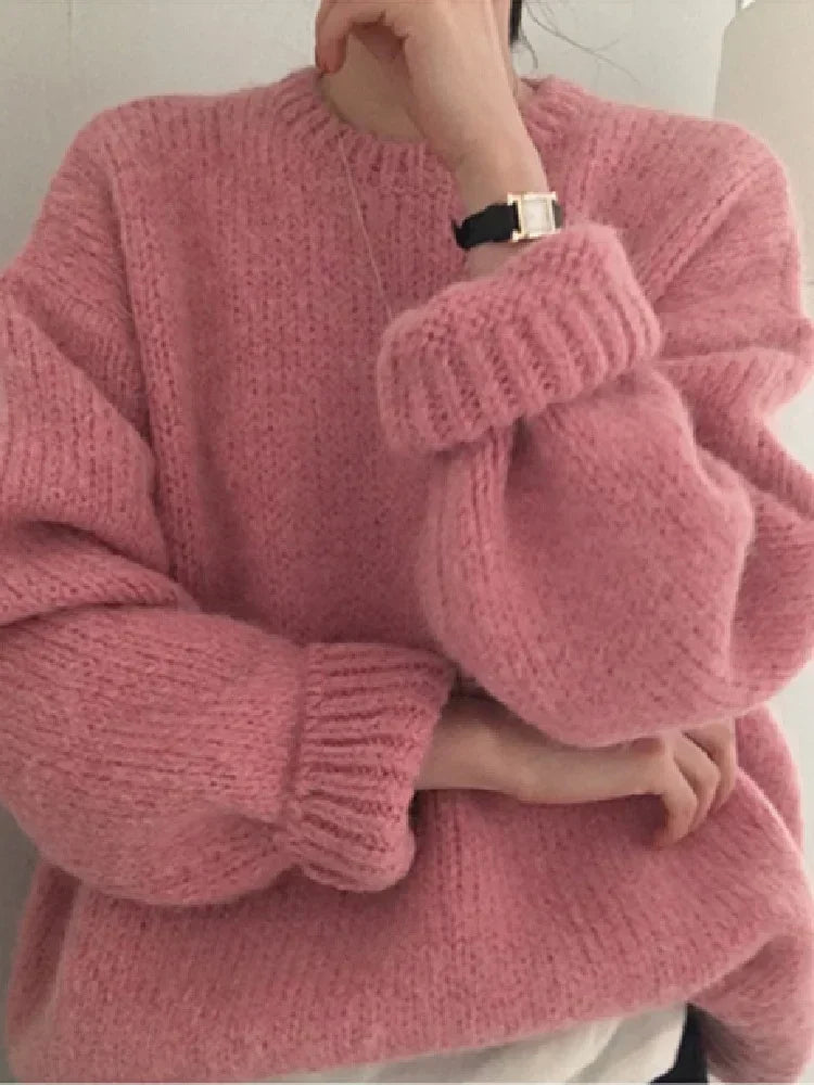 Pink Women Sweater Womens Winter Sweaters Pullover Female Knitting Overszie Long Sleeve Loose Knitted Outerwear White