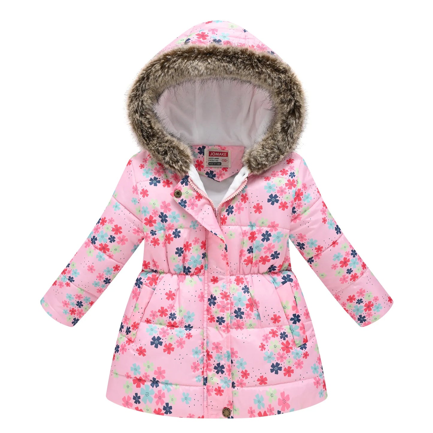 Autumn Winter Girls Jacket Keep Warm Fur Collar Fashion Prints Little Princess Coat Hooded Zipper Girls Outerwear Kids Clothes