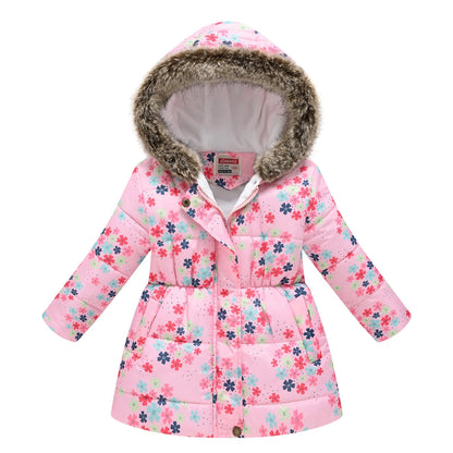 Autumn Winter Girls Jacket Keep Warm Fur Collar Fashion Prints Little Princess Coat Hooded Zipper Girls Outerwear Kids Clothes