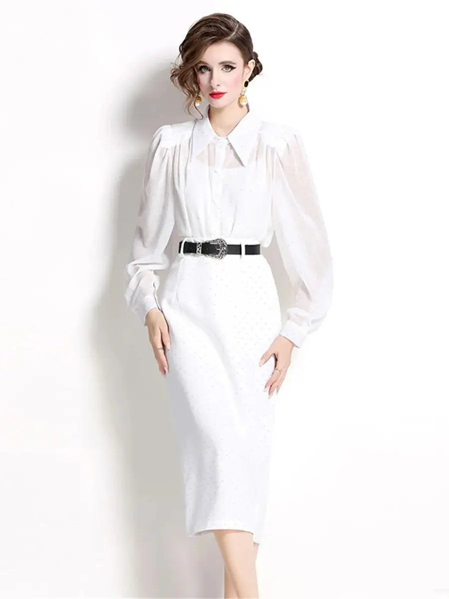 Quality Autumn White Rhinestone Two Piece Set Women Loose Chiffon Shirt Blouse Shinny Bodycon Pencil Maxi Skirt Suit 2pcs Outfit