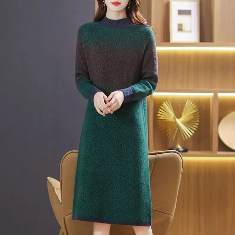 Elegant Stand Collar All-match Gradient Knitted Dress Women's Clothing Autumn Winter New Loose Office Lady Midi Dress