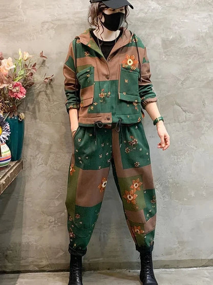 Fashion Autumn and Winter Women's New Cashmere Thick Coat Loose Haren Pants Temperament Print Trend Two-piece Set