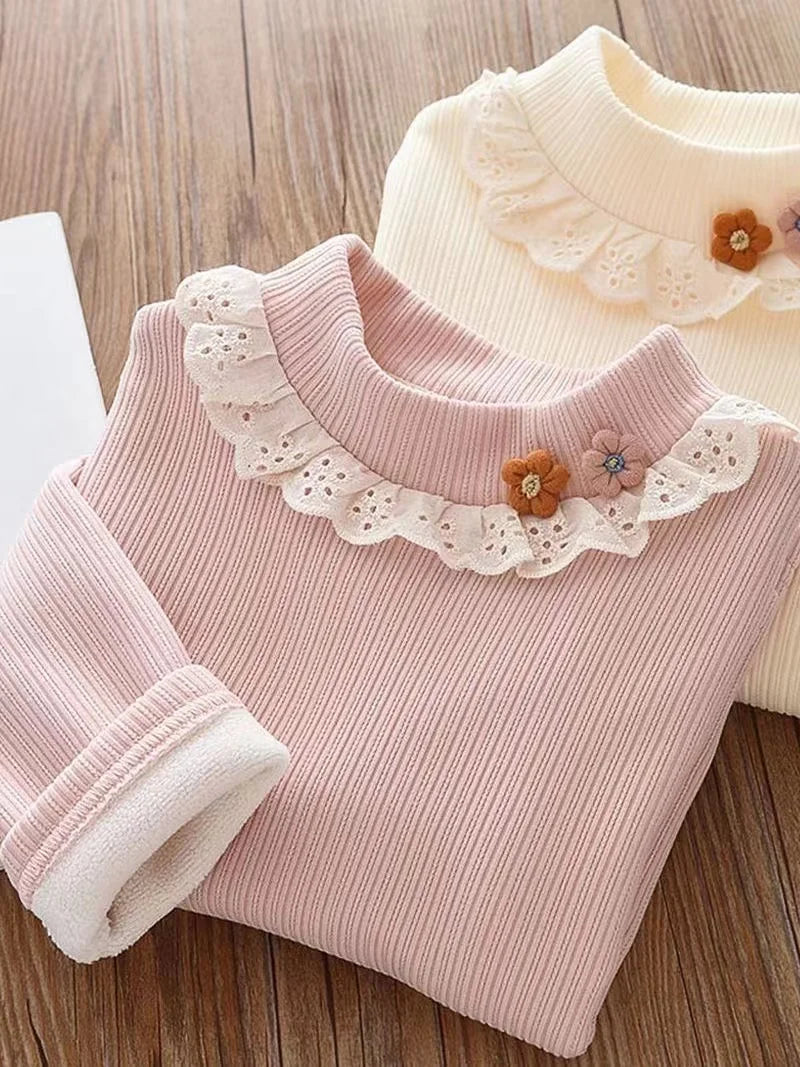 Girls Underlay 2025 New Winter Children's Half High Collar Girl Baby Foreigner Cute Plush Thickened Top Girls' T-shirt Kids