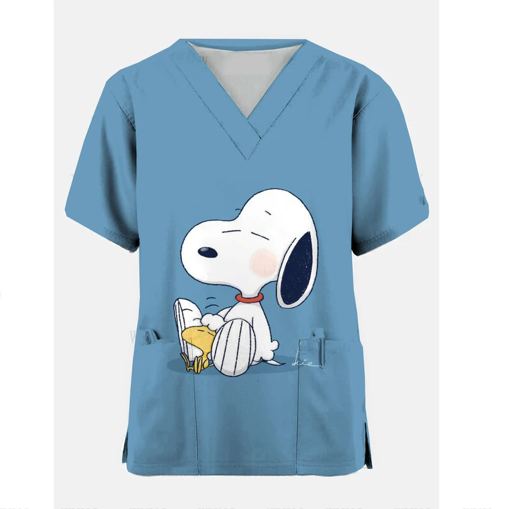 Medical Blouse Clinic Hospital Workwear Healthcare Nurse Snoopy print Uniform Carer Working Short Sleeve Tops Women T-shirt Nurs