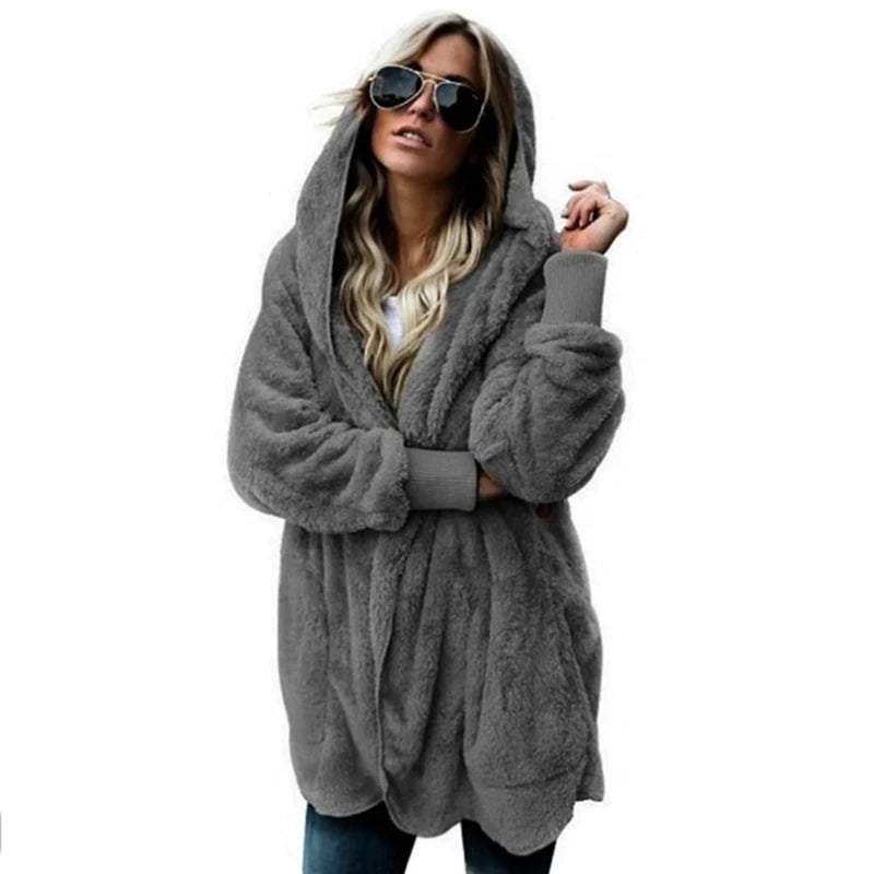 Autumn Winter Double Fleece Cardigan Jacket Women Solid Color Long Sleeve Plush Warm Hooded Lady Jacket Oversized Outerwear Coat