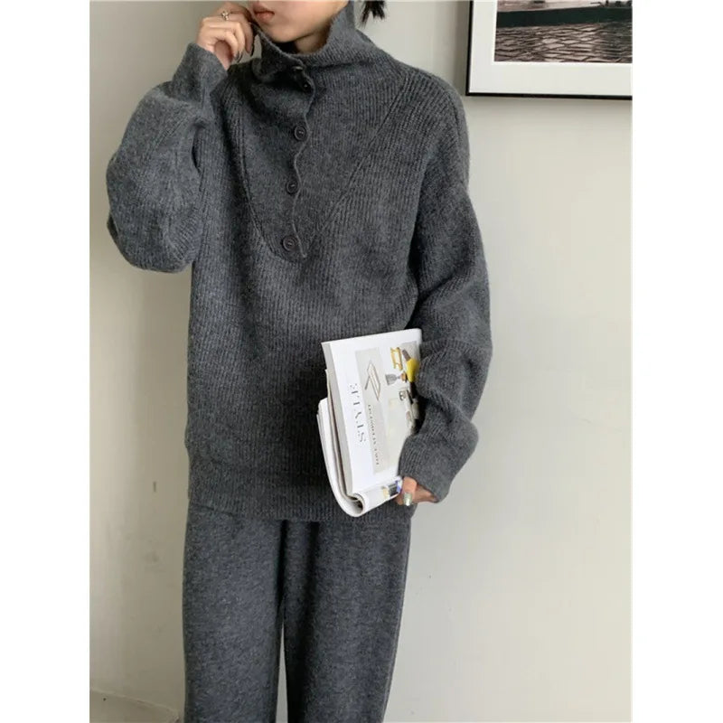 Women Elegant Cashmere Pants Suit for Autumn Winter New Fashion Lapel Sweater Suit Knitwear Casual Pants Female Two-piece Sets