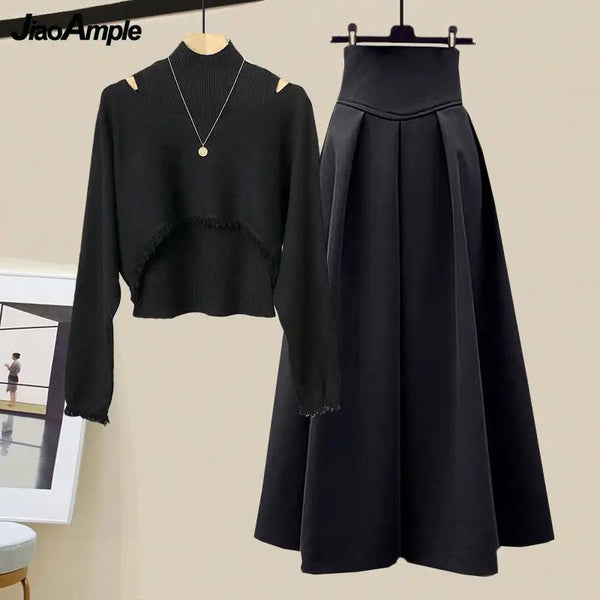 2025 Spring Autumn New Korean Elegant Knit Tassel Cover Up+Half High Collar Bottom Sweater+Midi Skirt 3 Piece Women Dress Suit