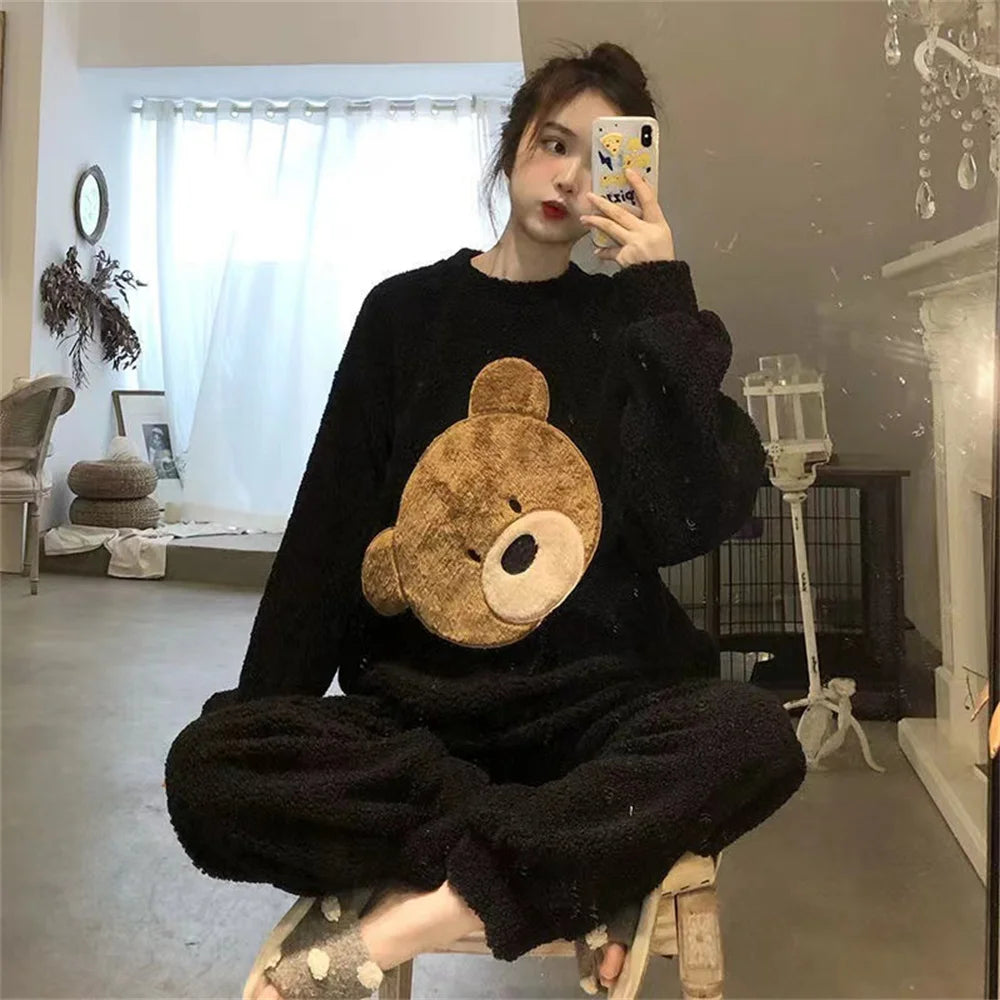 Autumn Winter Pijamas Kawaii Pajama Sets Women Cartoon Sweet Bear  Flannel Sleepwear Girl Pijama Mujer Night Suits Soft Homewear