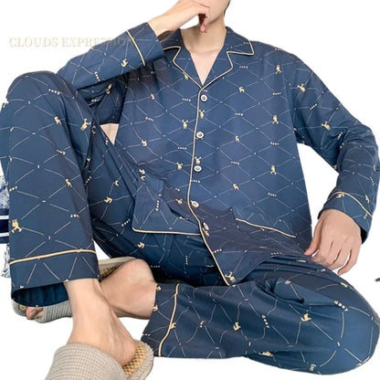 Spring Autunm Plus 5XL Knitted Pjs Turn-down Men‘s Pajama Sets Cardigan Male Pyjamas Plaid Loungewear Sleepwear Homewear Fashion