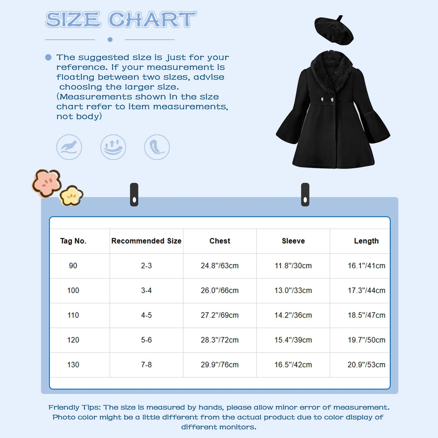 Kids Girls Trench Coat Long Sleeve Furry Collar Warm Peacoat with Beret Hat Set Windproof Jacket Outerwear for Casual Wear