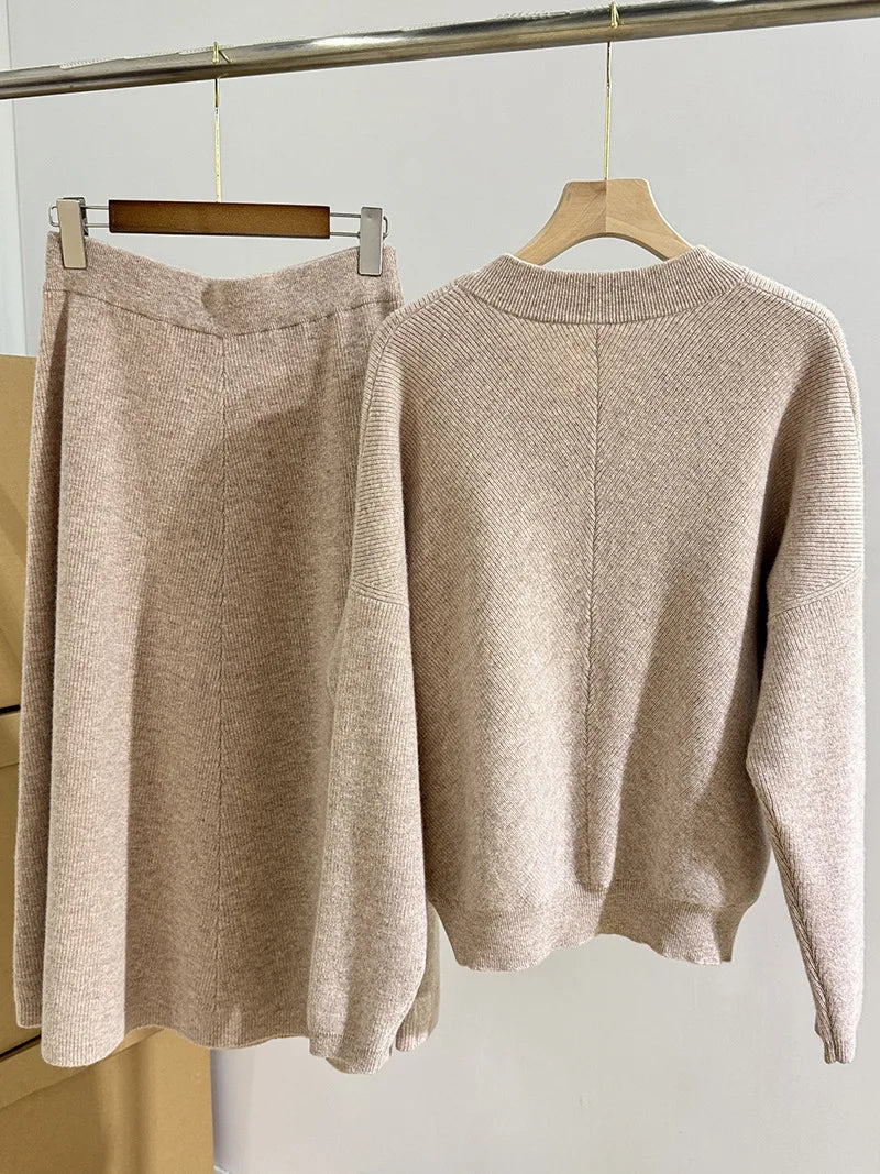 Autumn And Winter New Elegant Ladies Ribbed Wool Cashmere V-Neck Sweater Top + Knitted Skirt Set