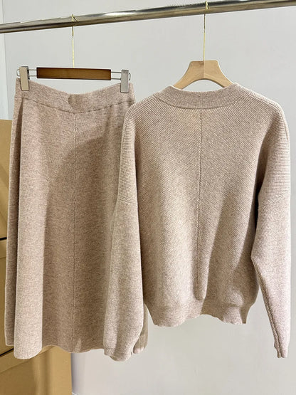 Autumn And Winter New Elegant Ladies Ribbed Wool Cashmere V-Neck Sweater Top + Knitted Skirt Set