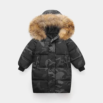 Winter Girls Down Jacket Keep Warm Fur Collar Fashion Little Princess Coat Hooded Boys Long Parkas Outerwear Children Clothing