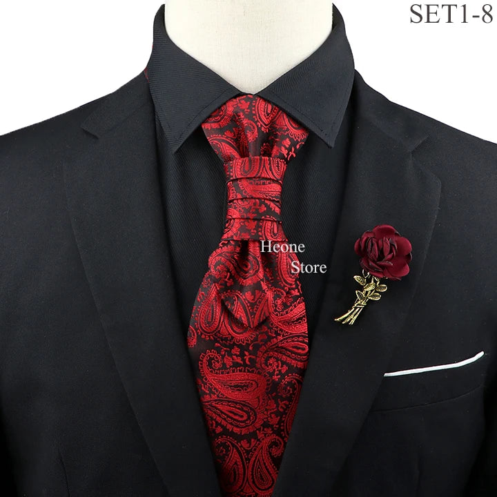 New Men's Premium Paisley Tie Brooch Set Red Black Blue Ajustable Neck Tie Luxury Classic Suit Tuxedo Groom Wedding Accessories