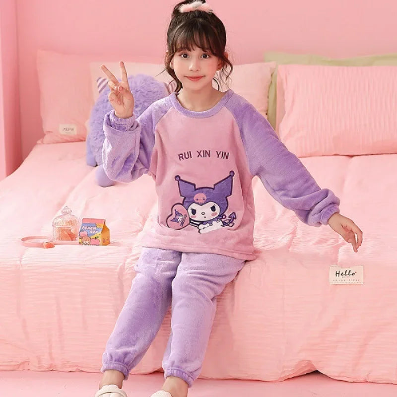 Miniso 2025 Winter Pajamas Sets Children Flannel Warm Sleepwear Kawaii Anime Cartoon Boy Girl Pijama Suit Autumn Kids Loungewear