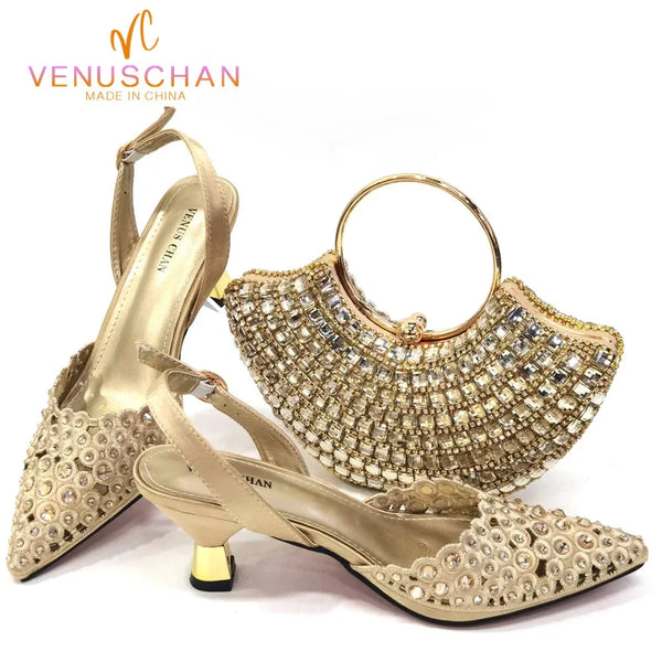 Venus Chan 2025 Latest High Heel Gold Color Atmospheric Luxury Pattern With Rhinestones Party Ladies Shoes And Bag Set