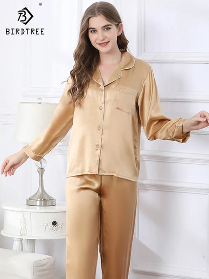 100% Silk Pajamas Set for Women Summer and Autumn Long-sleeved Mulberry Home Service Silk Women's Pocket