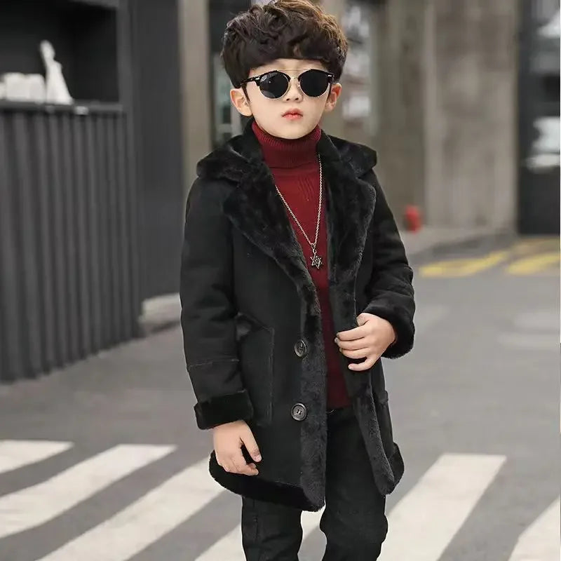 2025 Children Casual Woolen Coat Fall Winter Boys Handsome Plush Velvet Heavy Outerwear Clothes Kids Splicing Pocket Trench Coat