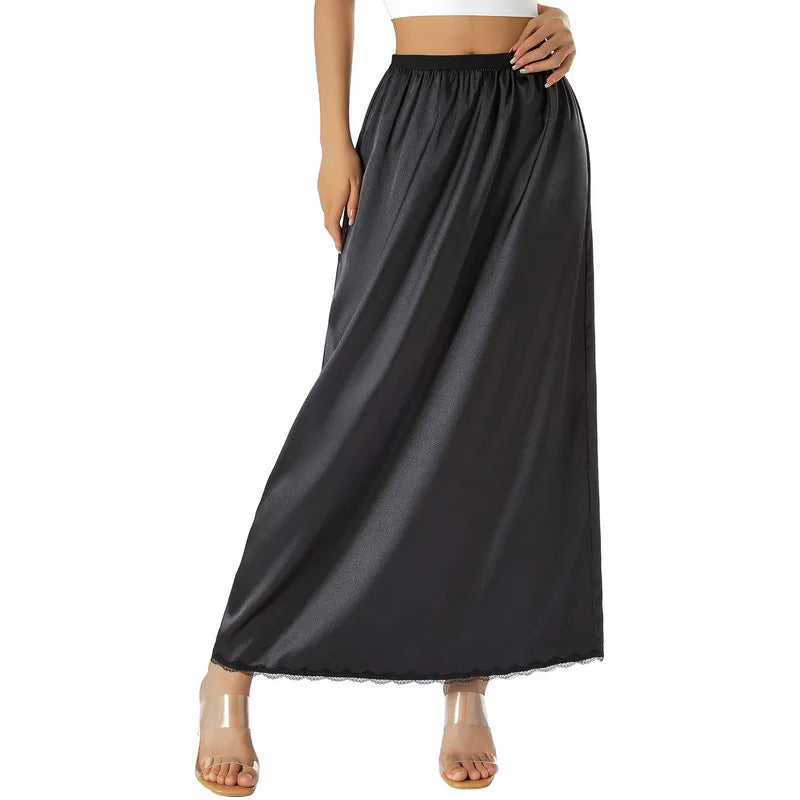 Women Half Slip Underskirt Summer Fall y2k Clothes Solid Color Elastic Waist Inner Lining Midi Skirt Long Underskirt for Ladies